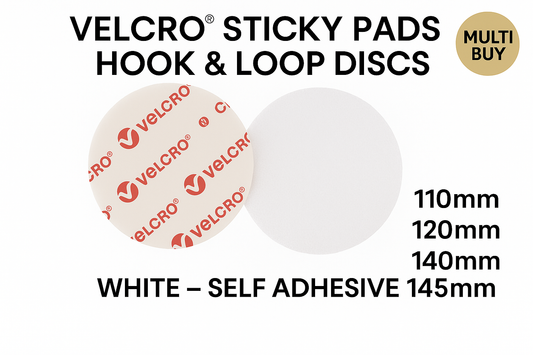 VELCRO® Self Adhesive Sticky Pads & Hook & Loop Discs Size 110mm -145mm in White