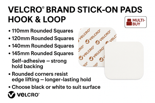 VELCRO® PS14 Self Adhesive Square Discs With Rounded Corners Stick on Pad Fastener Sizes 60mm up to 100mm in White