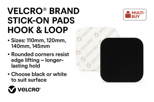 VELCRO® PS14 Self Adhesive Square Discs With Rounded Corners Stick on Pad Fastener Sizes 60mm up to 100mm in Black