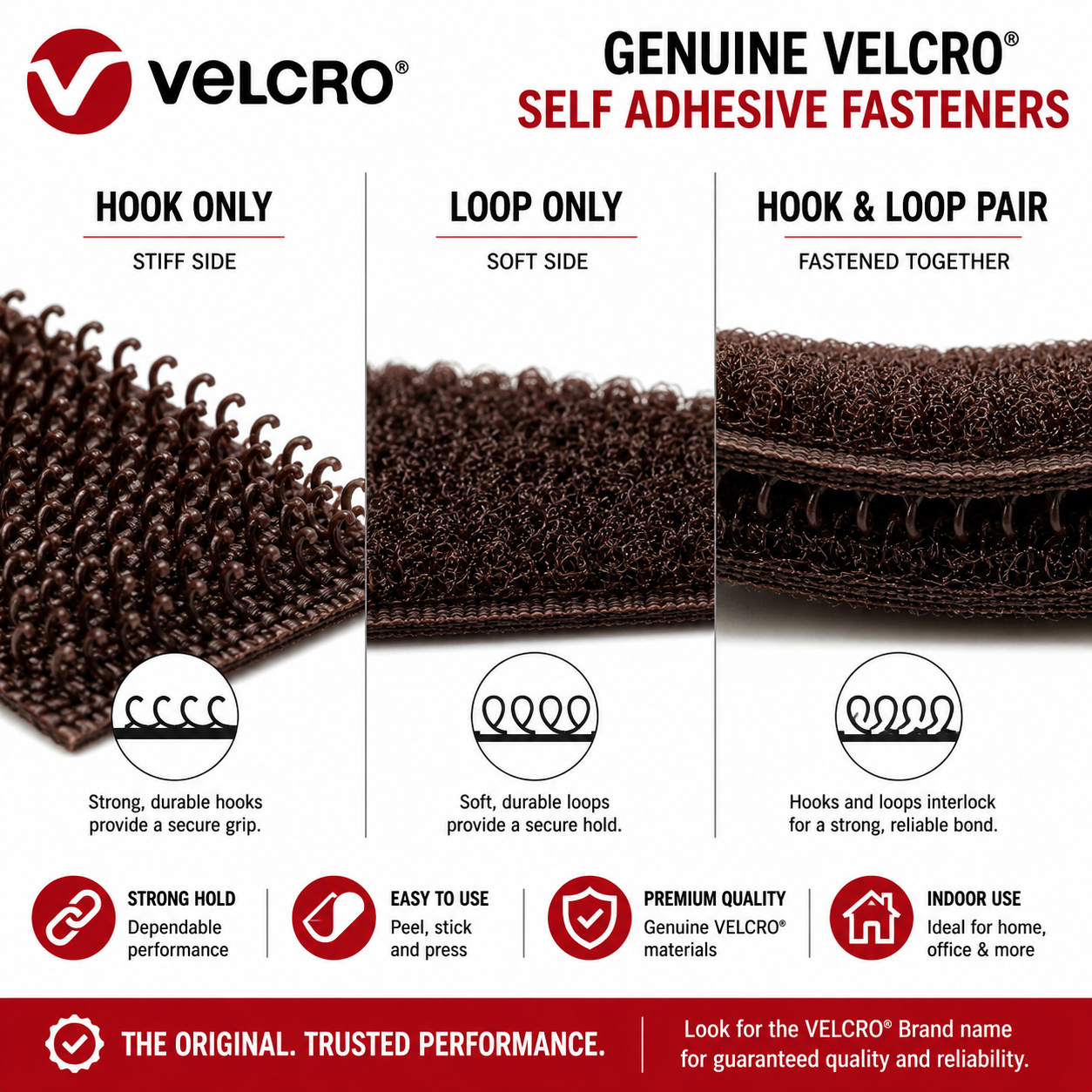 VELCRO® Brand dark brown sew-on hook and loop tape for leather goods and upholstery