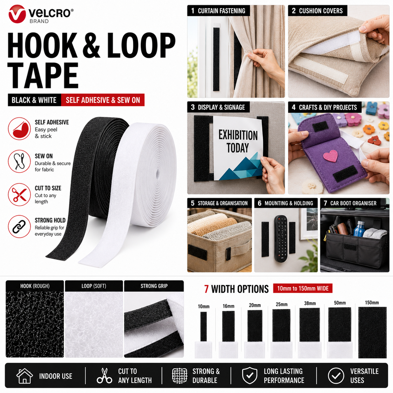 VELCRO® Brand sew-on hook and loop tape, widths from 10mm to 150mm