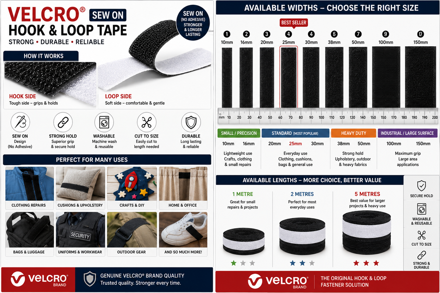 VELCRO® Brand sew-on hook and loop tape, sewn by hand or machine onto fabric