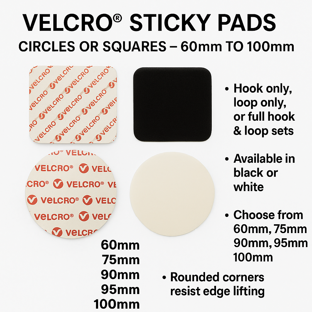 VELCRO® PS14 Self Adhesive Square Discs With Rounded Corners Stick on Pad Fastener Sizes 60mm up to 100mm in White