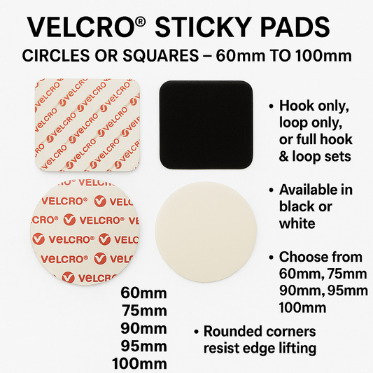 VELCRO® PS14 Self Adhesive Square Discs – Rounded Corners – Black – 60mm to 100mm