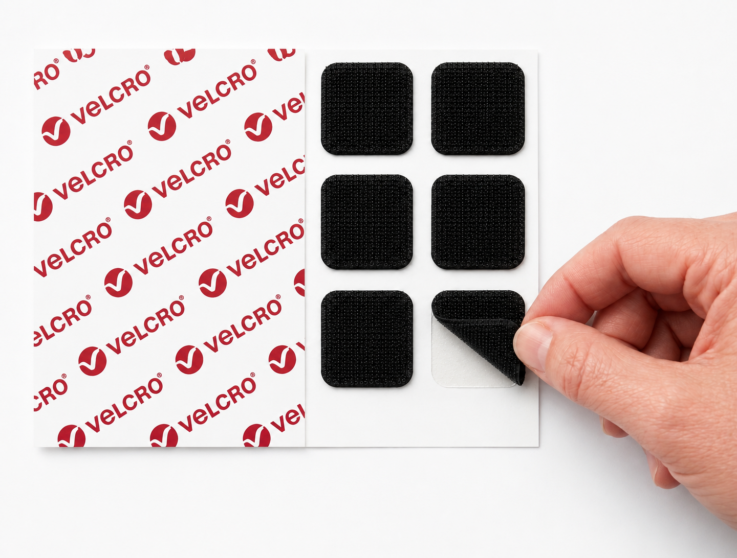 VELCRO® Brand square hook and loop pads with rounded corners, peel and stick backing
