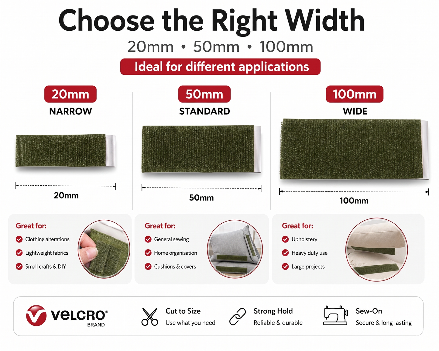 VELCRO® Brand olive green sew-on hook and loop tape, available in 20mm, 50mm and 100mm widths