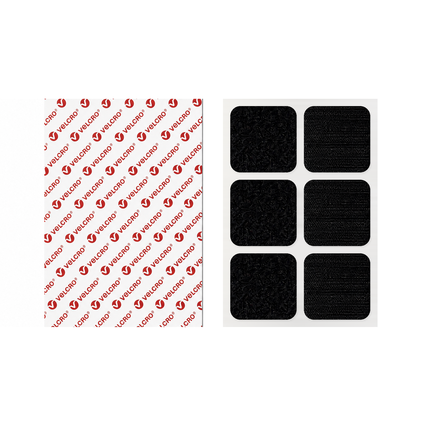 VELCRO® Brand self-adhesive square pads with rounded corners in black, kiss-cut hook and loop, 30mm to 55mm