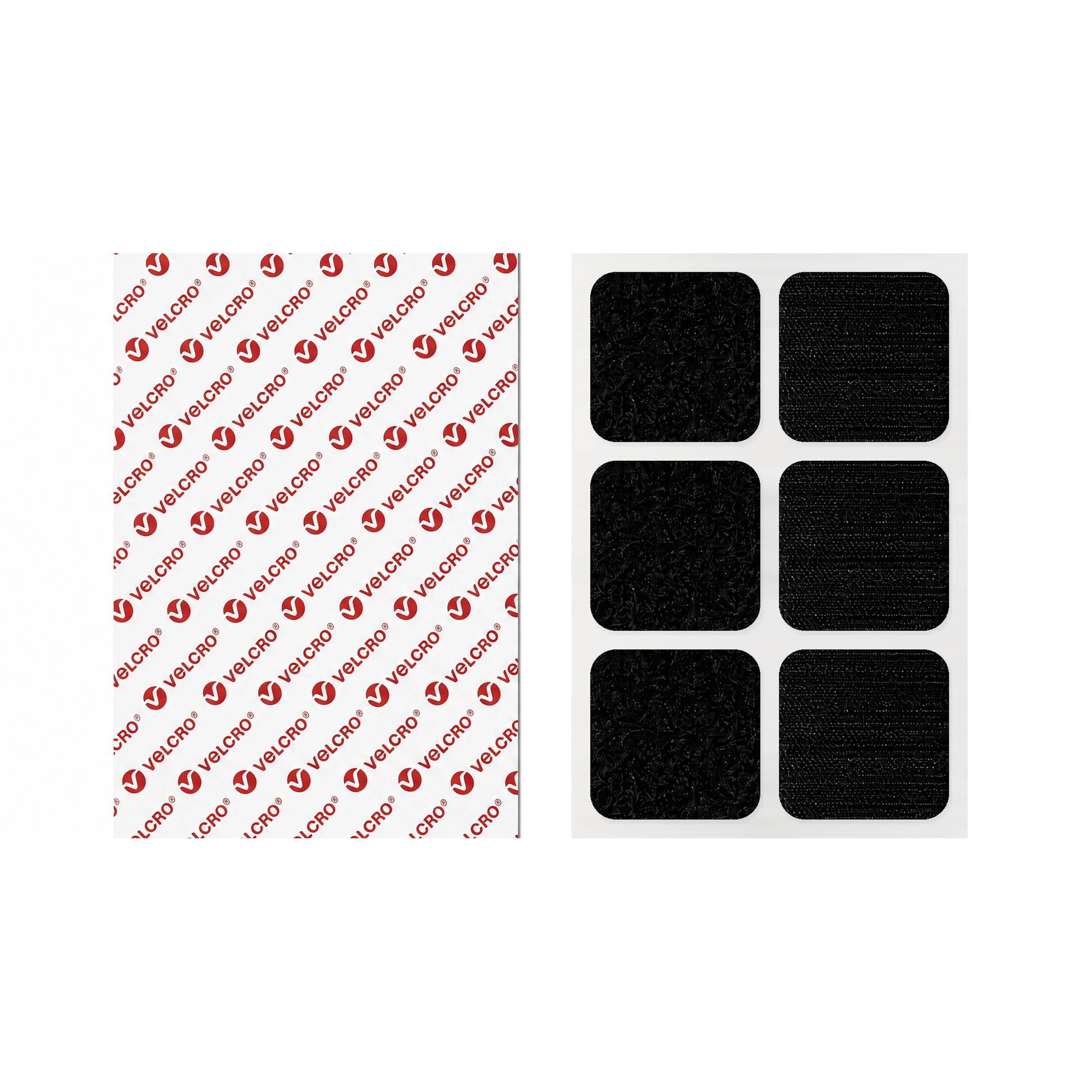VELCRO® Brand self-adhesive square pads with rounded corners in black, kiss-cut hook and loop, 30mm to 55mm