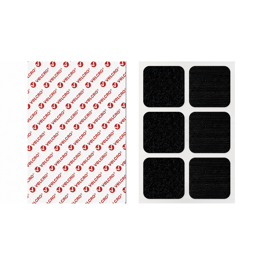 VELCRO® Brand self-adhesive square pads with rounded corners in black, kiss-cut hook and loop, 30mm to 55mm