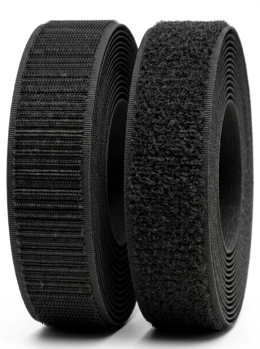 VELCRO® Brand Black Sew-On Hook and Loop Tape Rolls side by side on a clean white background