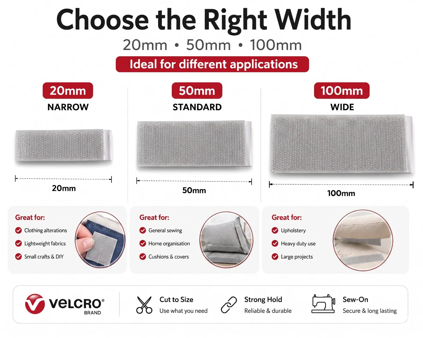 Infographic guide for VELCRO® Brand sew-on tape comparing three widths: 20mm Narrow for lightweight fabrics, 50mm Standard for cushions and sewing, and 100mm Wide for heavy-duty upholstery projects