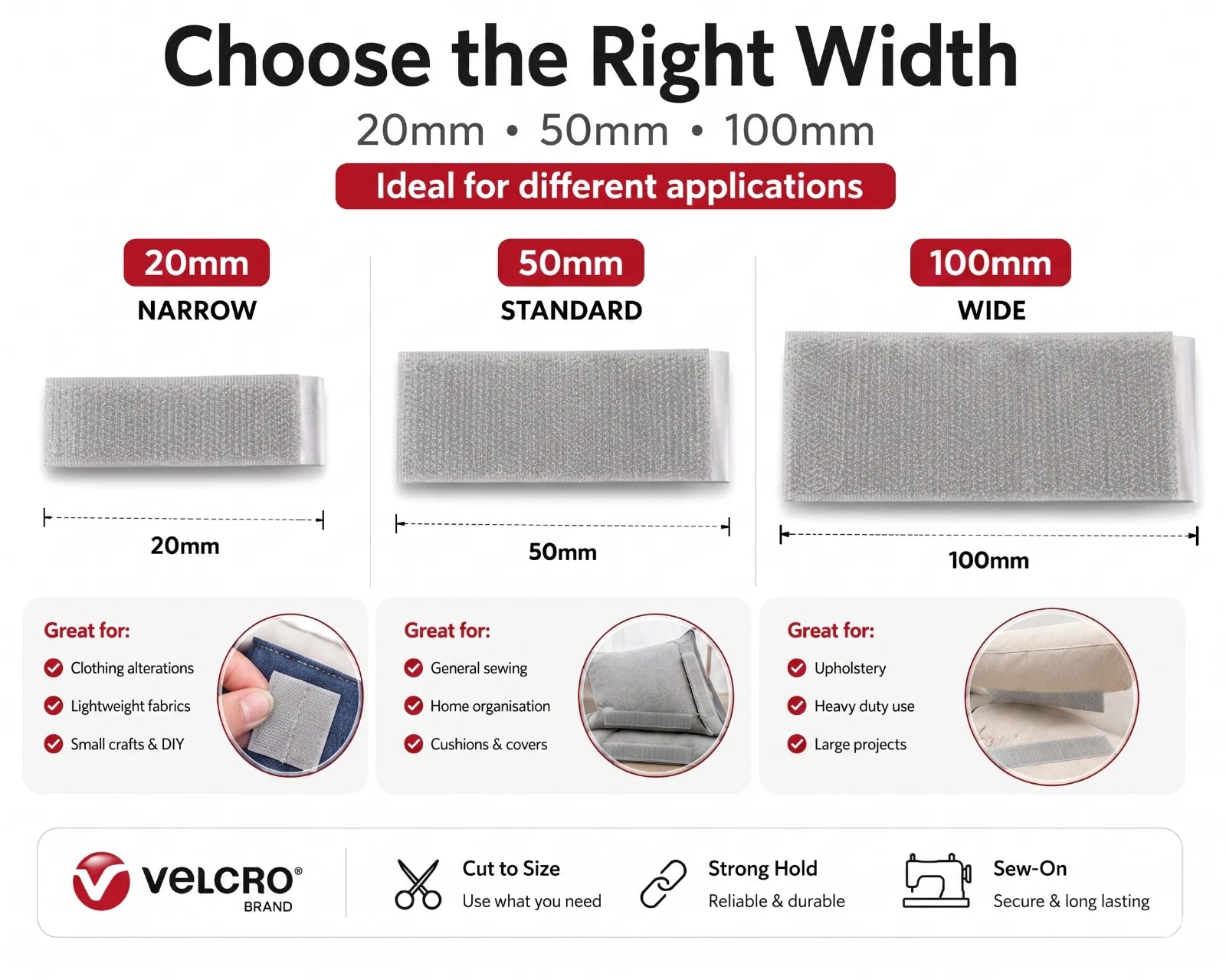 Infographic guide for VELCRO® Brand sew-on tape comparing three widths: 20mm Narrow for lightweight fabrics, 50mm Standard for cushions and sewing, and 100mm Wide for heavy-duty upholstery projects